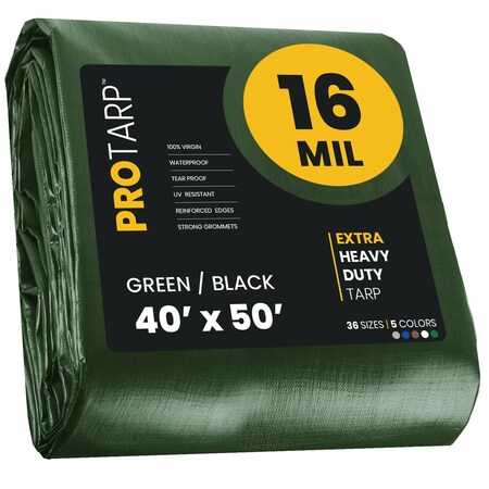 Protarp Heavy Duty Tarp, 40 ft x 50 ft, 16 Mil, Green/Black, Polyethylene PT-103-40X50